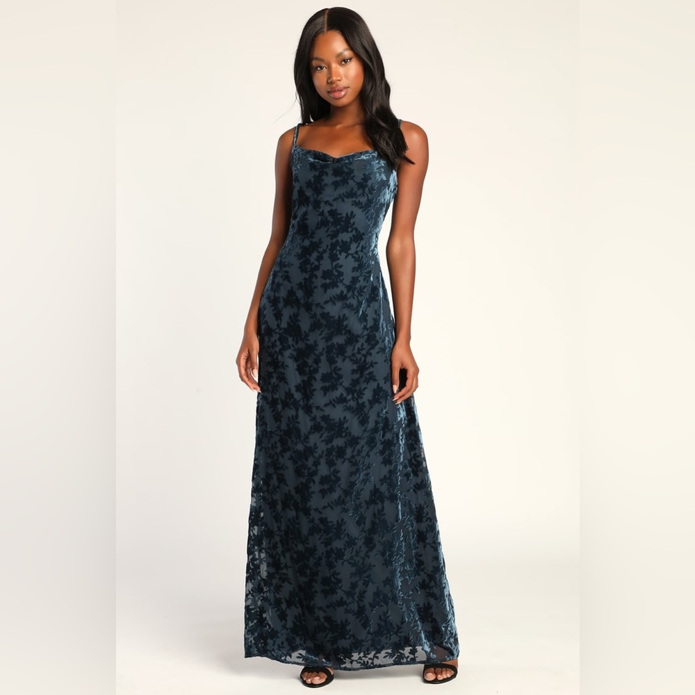 Romance in the Making Slate Blue Floral Print Velvet Maxi Dress from Lulu’s
